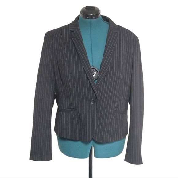 Worthington Black Suit Jacket Vertical Stipes Blazer One Front Button Size XL - Picture 1 of 8